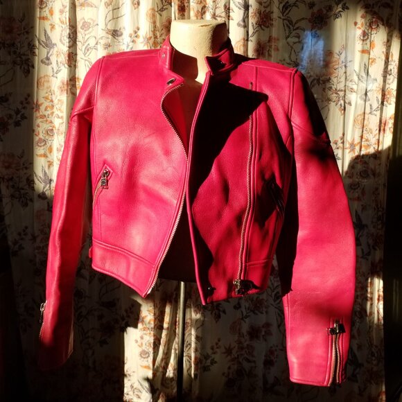 COACH Pink Ruby Leather Moto Racer Jacket Size Small - Picture 4 of 16